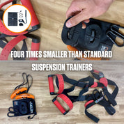 Revolutionizing home workouts: compact and portable A90 Sling Trainer kit, perfect for fitness enthusiasts on the go, complete with a net carry bag.