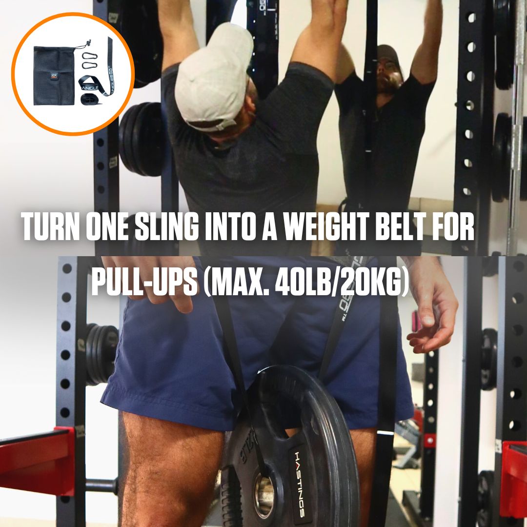 A person at the gym performing weighted pull-ups using an A90 Full Set as a specialized weight belt.