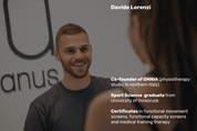 A portrait of a smiling professional man with textual information detailing his name as Davide Lorenzi, co-founder of Omnia, a physiotherapy studio, his educational background from the University of Inns and details about the A90 Prehab: Self-Screening & Corrective Exercises (Video Course).