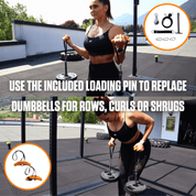 A woman demonstrating the use of an A90 Cable Pulley Set for exercise, with icons indicating its versatility for various workouts such as rows, curls, and shrugs.