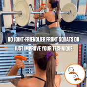 A focused athlete performs front squats using a barbell with Angles90 Wood (Limited Edition) Grips in a well-equipped gym, with a caption suggesting to do joint-friendlier front squats or to improve squat.