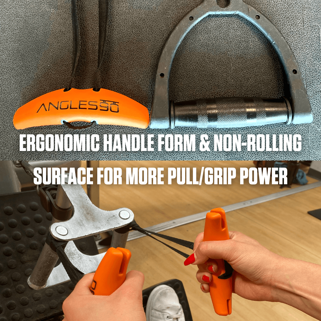 A person using a pair of ergonomically designed Angles90 Wood (Limited Edition) Grips with orange handles that offer better grip and pull power, set against a background of other hardware tools.